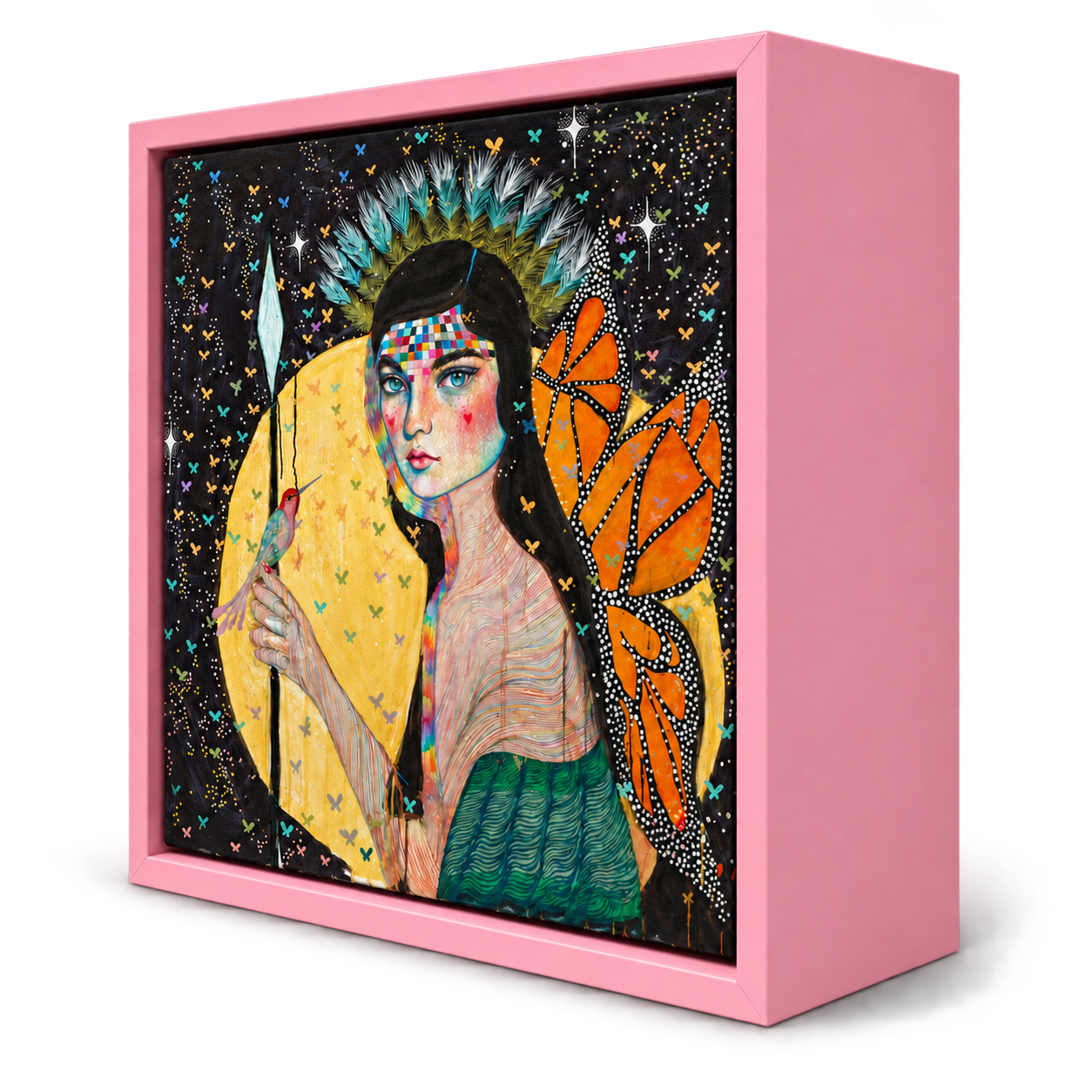 Mariana Mezic artwork presented in a deep pink display frame