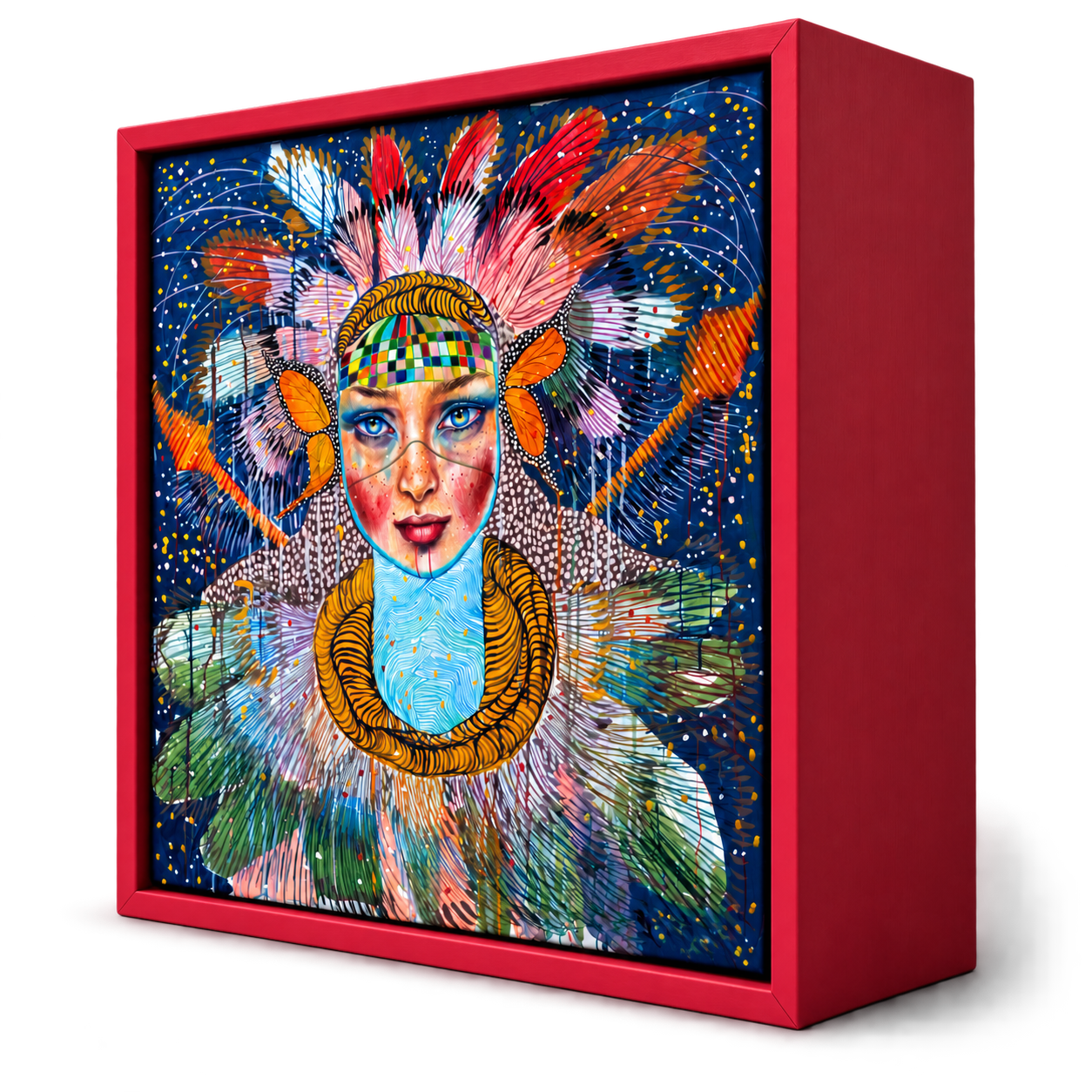 Mariana Mezic artwork presented in a deep red display frame